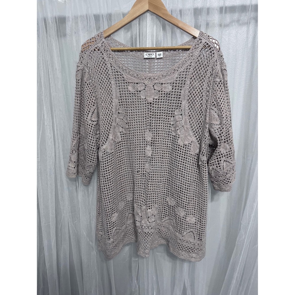Cato Woman Taupe Crochet 3/4 Sleeve Tunic Top Plus Size 22W 24W‎